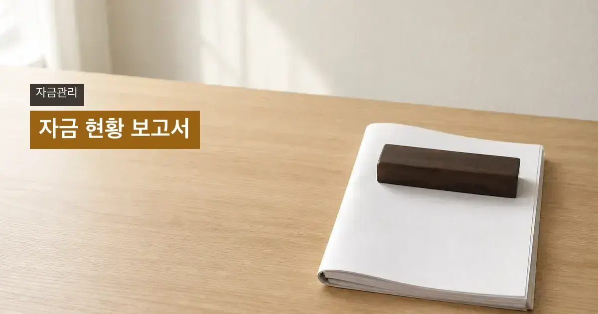 오른쪽의 접은 보고서와 문진, 왼쪽 제목 영역
