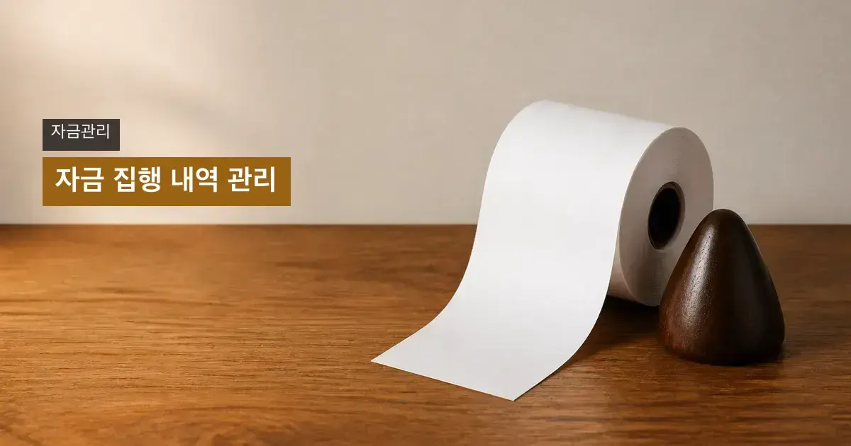 오른쪽의 빈 영수증 롤과 문서 무게추, 왼쪽 제목 영역